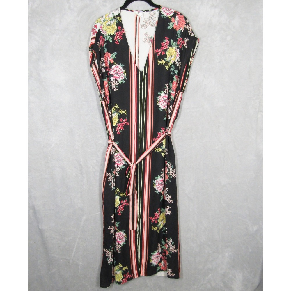 dRA Los Angeles Floral Striped Midi Dress XL Black Red White VNeck Anthropologie